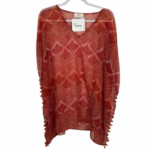 Sol & Mer Red Dotty Ikat Flat Tunic W/ Pom-Pom Trim Lightweight Cover-Up 40"x35" - Picture 1 of 4
